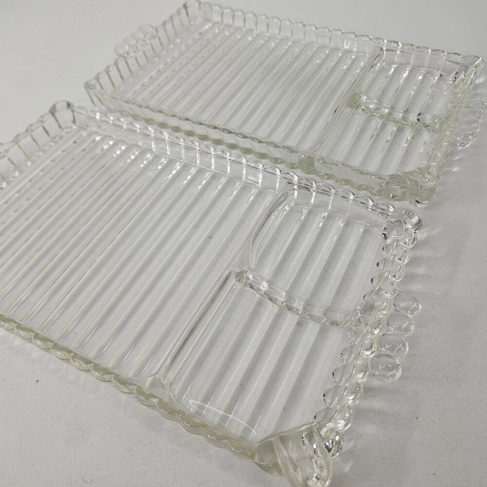 Set of 2 Vintage Clear Glass Relish Trays Divided Serving Dishes Ribbed